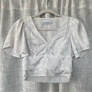 UO White Webster Jacquard Flutter Sleeve Top